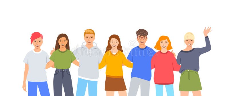 Young people stand together. Friendly diverse college students hug each other. Students community. Group of happy smiling boys and girls isolated on white. Flat cartoon illustration. Young people stand together. Friendly diverse college students hug each other. Students community. Group of happy smiling boys and girls isolated on white. Flat cartoon illustration