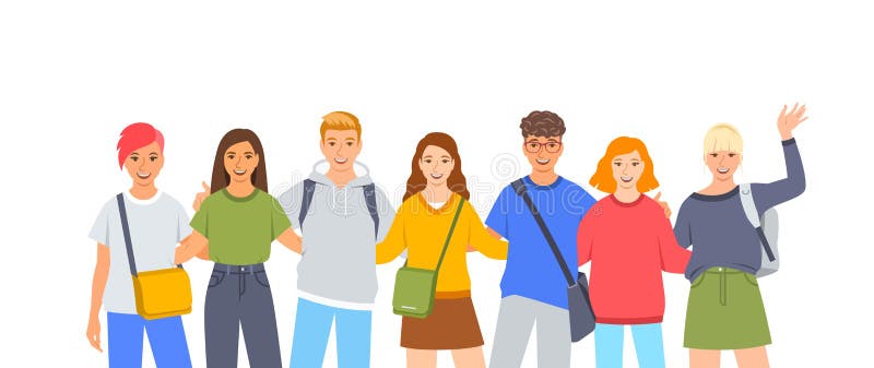 Young people stand together. Friendly diverse college students hug each other. Students community. Smiling boys and girls with school bags and backpacks isolated on white. Flat cartoon illustration. Young people stand together. Friendly diverse college students hug each other. Students community. Smiling boys and girls with school bags and backpacks isolated on white. Flat cartoon illustration