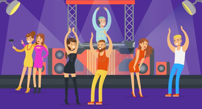 Young People Dancing in Club at Night Party, Male DJ Playing Track and  Mixing Music Cartoon Vector Illustration Stock Vector - Illustration of  concert, girl: 201046557