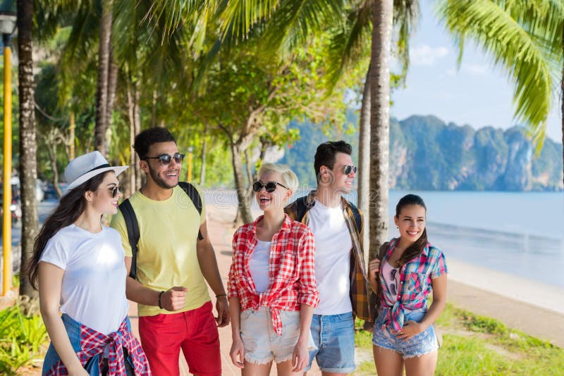 Young People Group Tropical Beach Palm Trees Friends Walking Speaking
