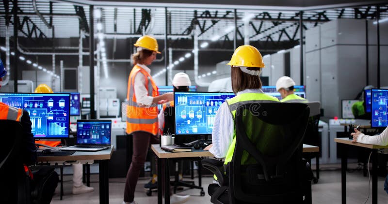 Young people learning modern automation technology using Scada software royalty free stock photos