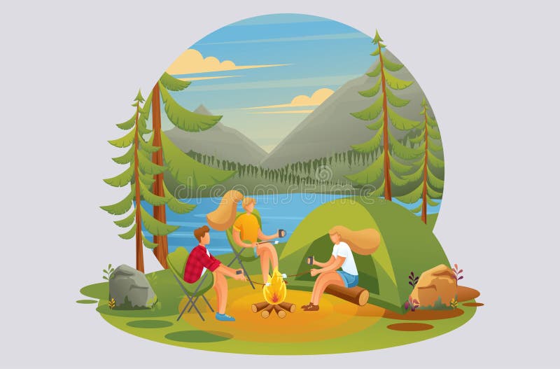 Young people near a fire in the woods on the background of a lake, camping. Flat 2D characters. Concept for web design. vector illustration Young people near a fire in the woods on the background of a lake, camping. Flat 2D characters. Concept for web design. vector illustration