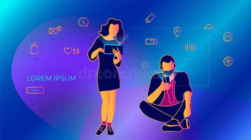Young people write messages using a smartphone. vector illustration of social networks, sending e-mail and text messages stock illustration Young people write messages using a smartphone. vector illustration of social networks, sending e-mail and text messages stock illustration