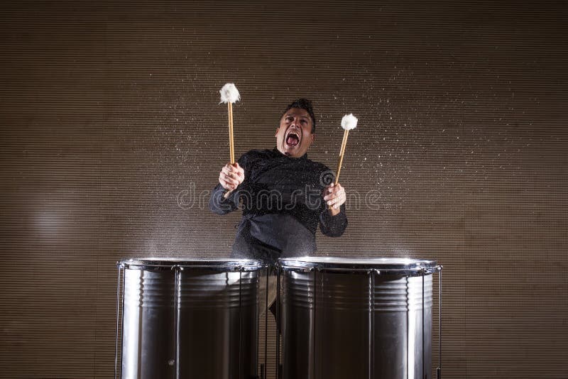 Percussionist Practicing with Two Drums Stock Photo Image of laugh