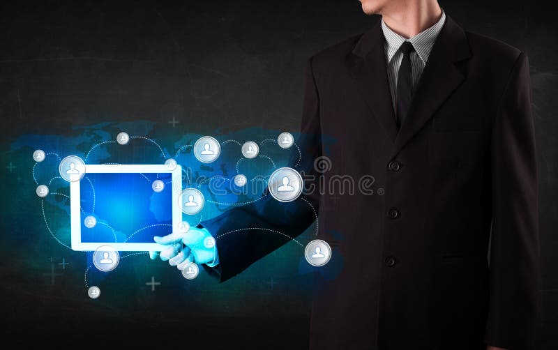 Young person holding talbet with communication technology concept royalty free stock photography
