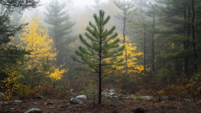 Young Pine Tree in Misty Autumn Forest lizenzfreie abbildung