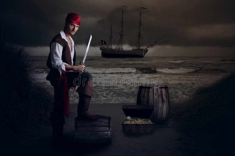 Young pirate posing his foot on a barrel stock images Young pirate posing his foot on a barrel stock images