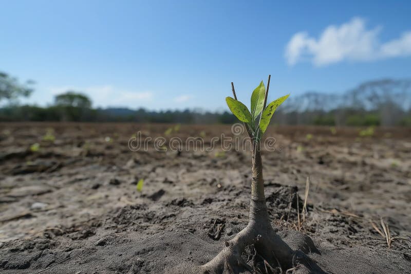 Young plant sprouting in barren field vector illustration