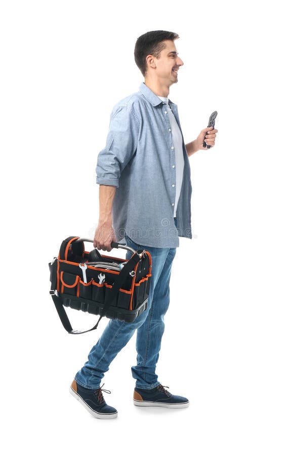 Mature Plumber With Pipe Wrench And Tool Bag On White Background