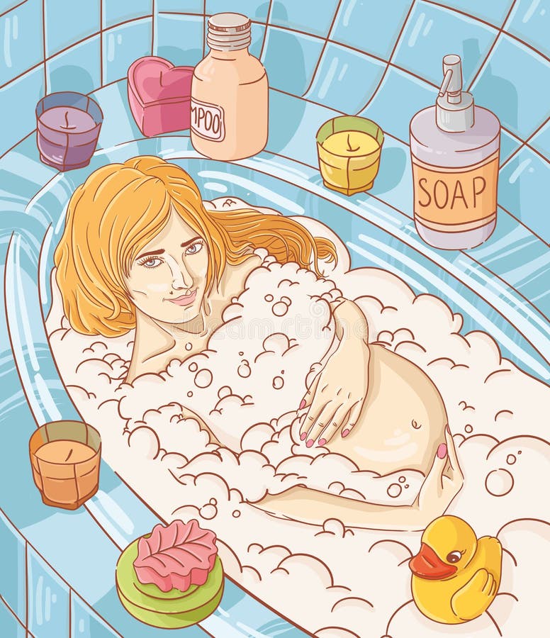 Young pregnant woman take bubble bath