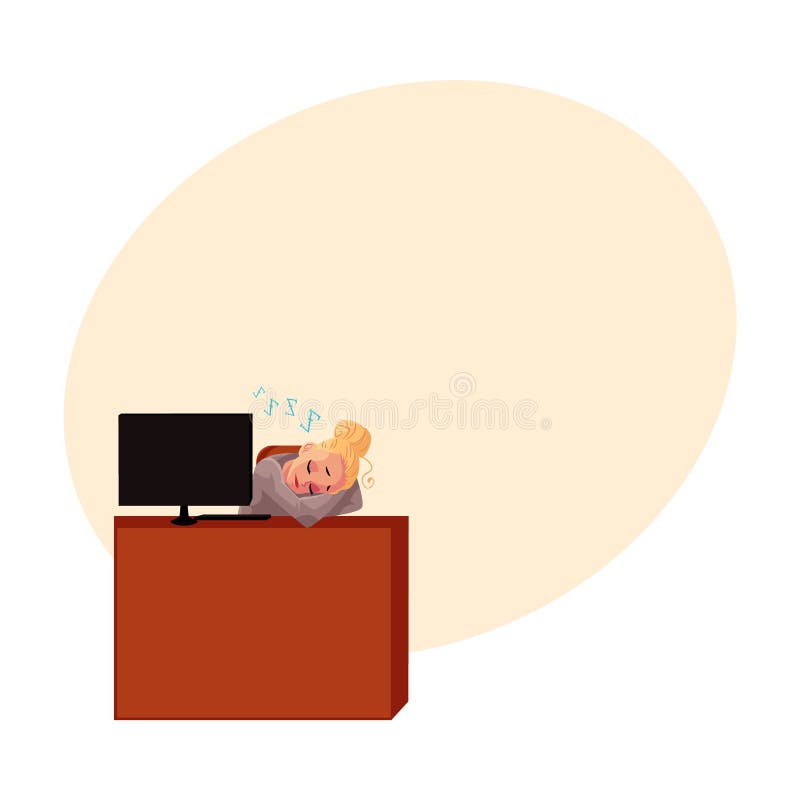 Young pretty blond businesswoman, secretary, sleeping, snoozing at office desk royalty free illustration