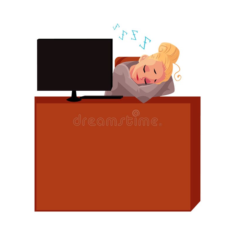 Young pretty blond businesswoman, secretary, sleeping, snoozing at office desk stock illustration