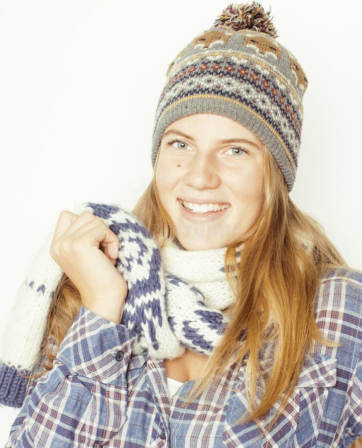 Young Pretty Blond Teenage Girl in Winter Hat and Stock Image - Image ...