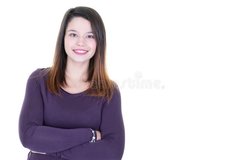 Young pretty brunette woman on white background smiles and laughs to the camera aside copy space royalty free stock image Young pretty brunette woman on white background smiles and laughs to the camera aside copy space royalty free stock image