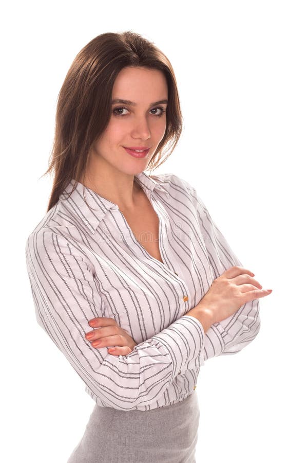 Young pretty businesswoman with arm folded. Full height portrait royalty free stock photo Young pretty businesswoman with arm folded. Full height portrait royalty free stock photo