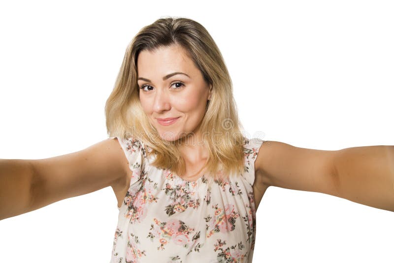 Young pretty fashion blonde woman taking self shot photo stock photography Young pretty fashion blonde woman taking self shot photo stock photography