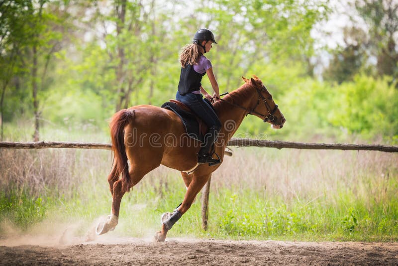 Young pretty girl riding a horse with backlit leaves behind in s