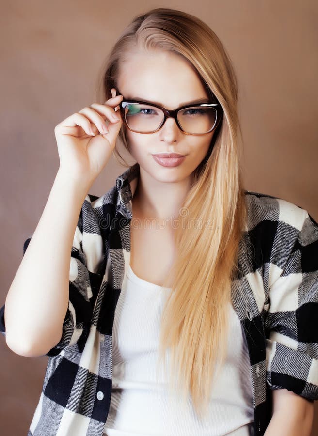 Young Pretty Girl Teenager in Glasses Making Selfie at School, S Stock ...