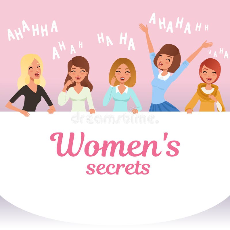 Young pretty girls loudly laughing. Women s secrets concept. Cartoon female characters with smiling facial expressions vector illustration Young pretty girls loudly laughing. Women s secrets concept. Cartoon female characters with smiling facial expressions vector illustration