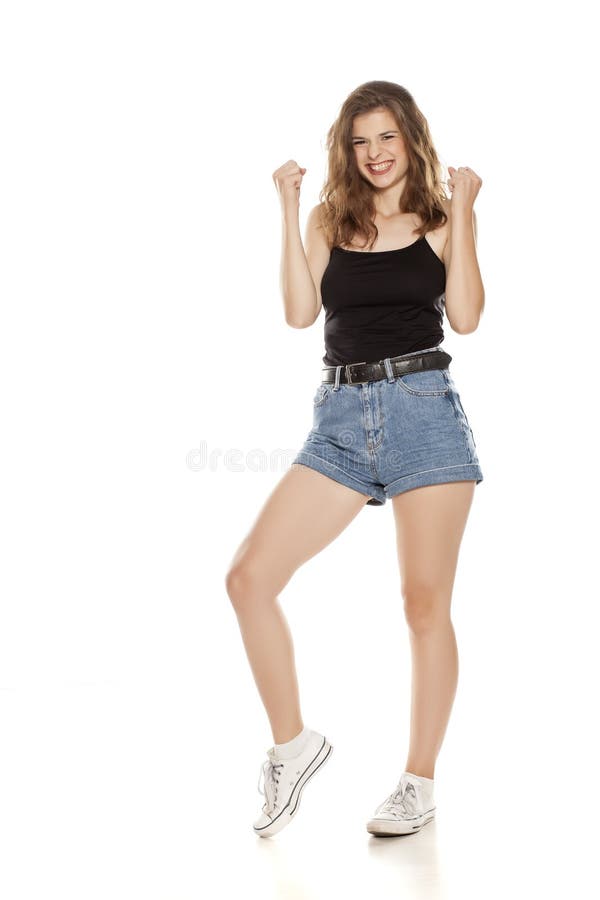 Pretty Happy Woman in Short Jeans Stock Image - Image of shorts, shirt ...