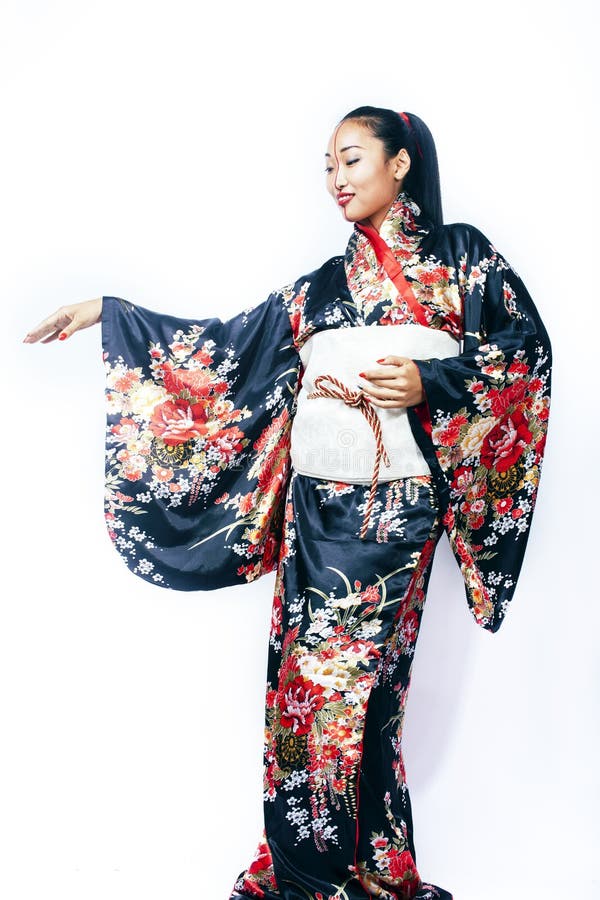 Young Pretty Real Geisha in Kimono with Sakura and Decoration on White ...