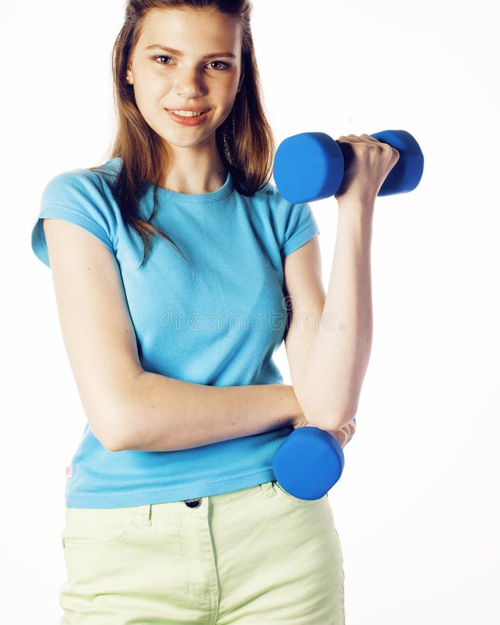 Young Pretty Slim Blond Woman With Dumbbell Isolated Cheerful Smiling