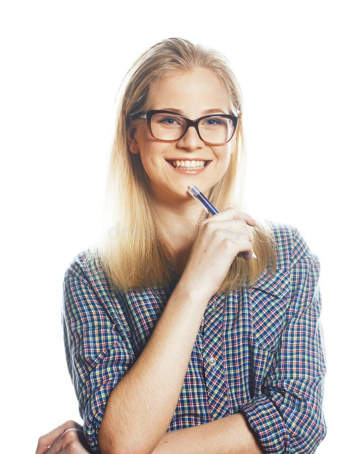 Young pretty student modern blond girl in glasses posing emotion