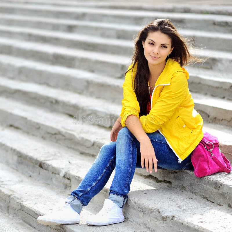 Young Pretty Stylish Woman Sitting on Stairs Stock Image - Image of ...