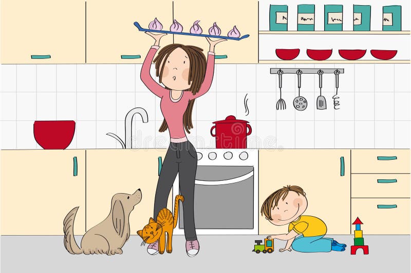 Young and pretty woman mother cooking in the kitchen with dog, cat and her child little boy standing in her way - original