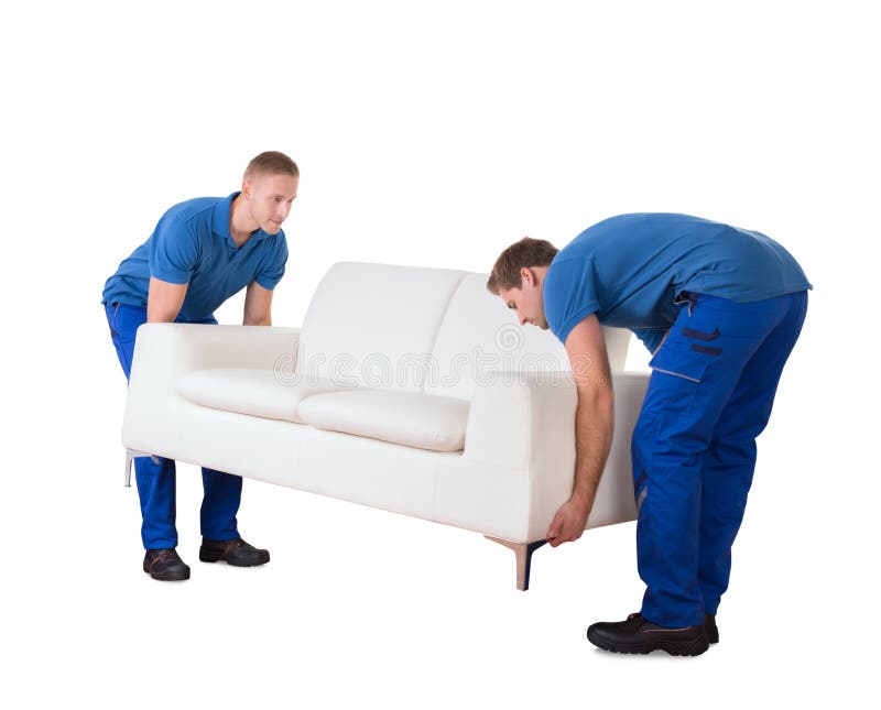 Young Professional Movers Placing the Sofa in New Home Stock Image