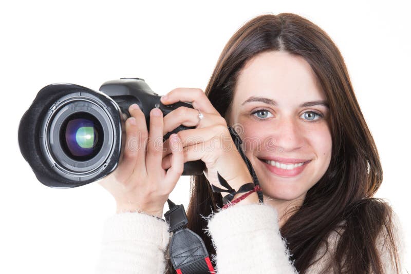 Young Professional Photographer Girl Posing in the Studio Stock Photo