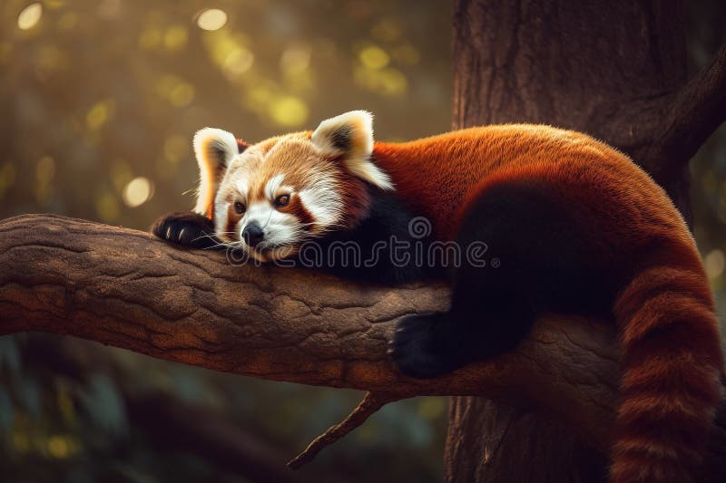 Young Red Panda Resting on a Branch . AI Generated Illustration Stock