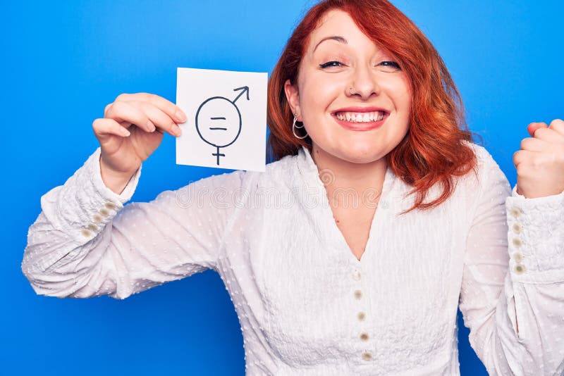 Young Redhead Woman Asking For Sex Discrimination Holding Paper With