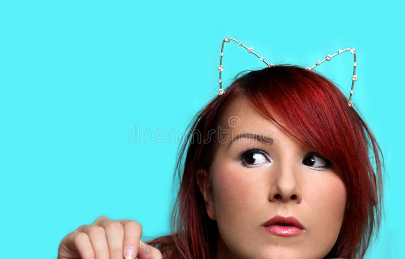 Young Redhead Woman with Cat Ears Portrait Stock Image Image of black