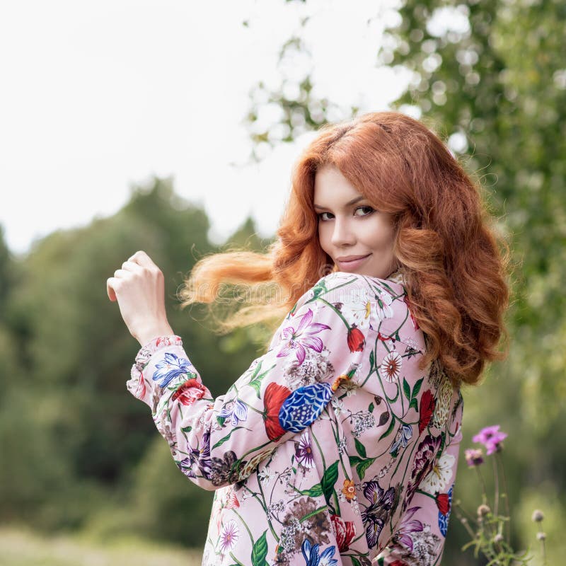 Young Redhead Woman Posing in Summer Park. Stock Image - Image of life ...