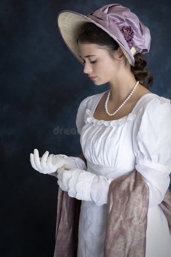 A young Regency woman wearing a white muslin dress, straw bonnet, and a pearl necklace