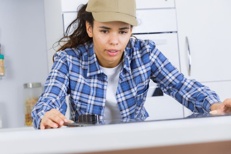 Young Repair Man Measuring Kitchen Stock Image Image of