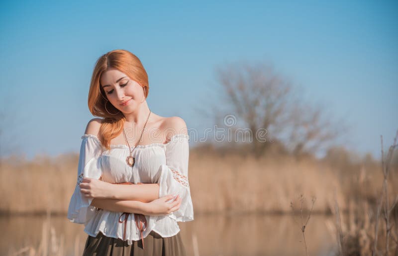 Young Romantic Redhead Woman In Casual Style Lifestyle Portrait Stock