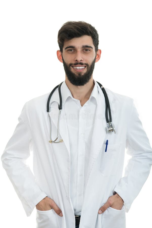Young Serious Handsome Bearded Doctor with White Coat and Stethoscope