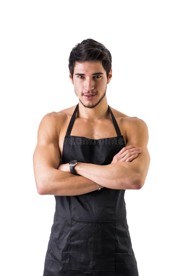 Bodybuilder Chef With Apron On Naked Muscular Body Stock 