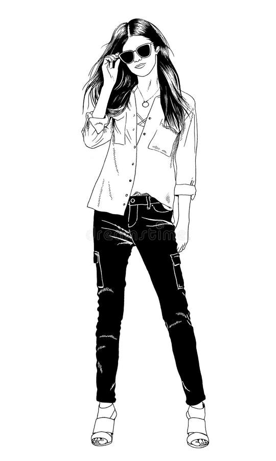 Young Slim Girl Drawn In Ink By Hand In Full Growth Stock Vector Illustration Of Expression Cute
