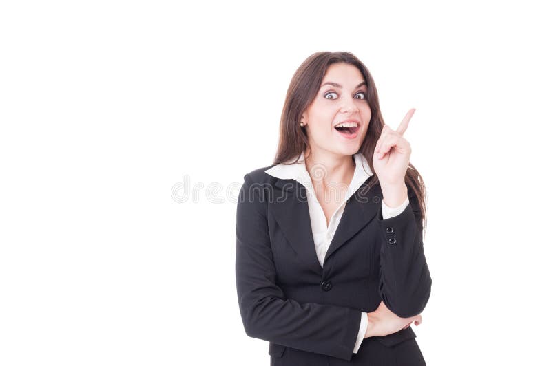 Young and smart business woman having a great idea and pointing index finger up isolated on white