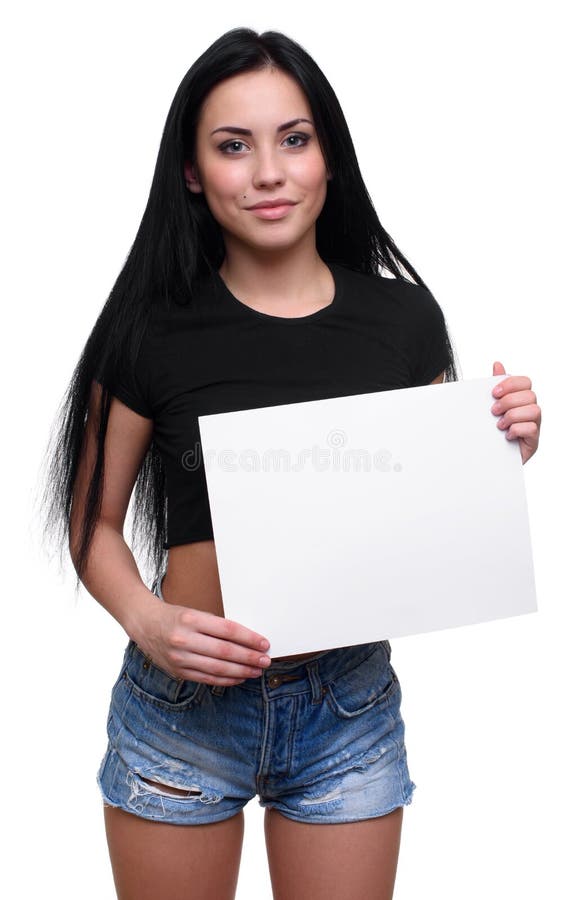 Young smile woman showing blank placard royalty free stock image Young smile woman showing blank placard royalty free stock image