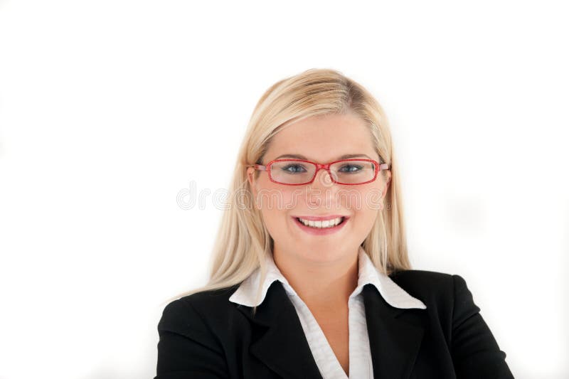 Young smiling business woman in red glasses