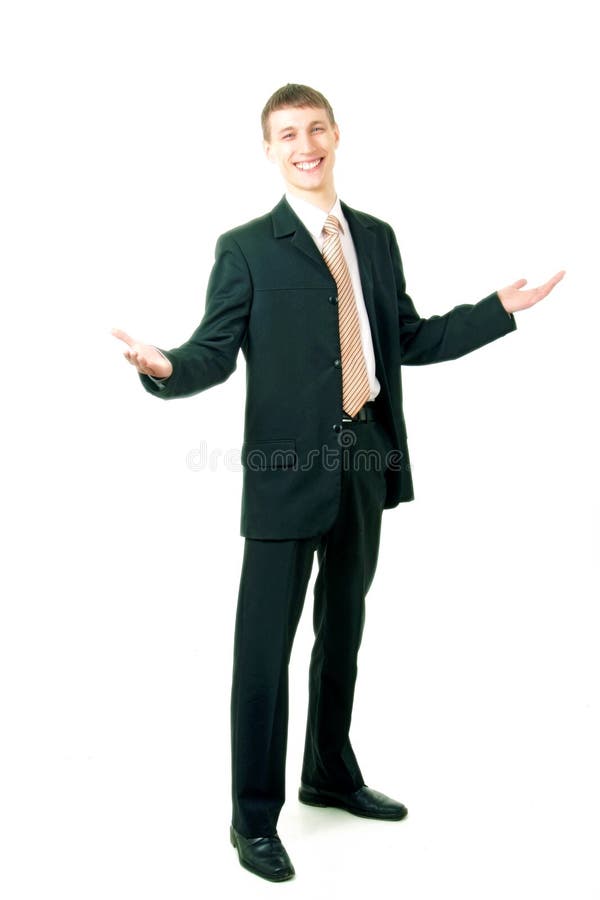 Young smiling businessman greeting, isolated on white. Smiling asking stock images, royalty-free photos and pictures