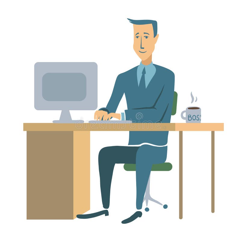A young businessman or office worker sitting at a table and working at a computer. Man character illustration, isolated royalty free illustration