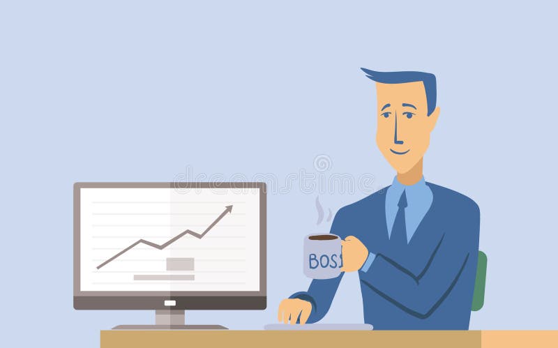 A young businessman or office worker sitting at a table and working at a computer. Man character illustration, isolated stock illustration