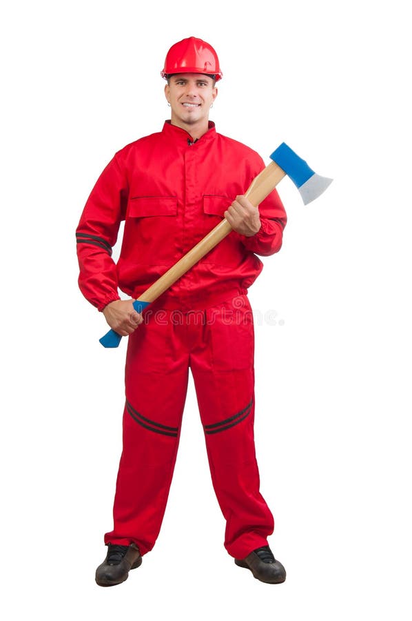 Young smiling fireman with hard hat with ax