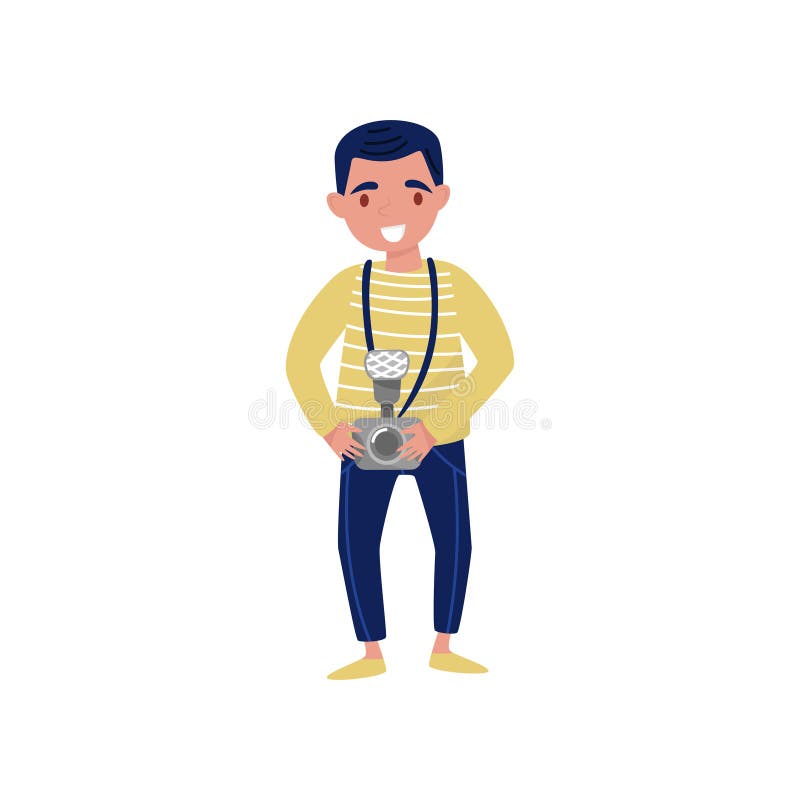 Young smiling man with camera in hand. Professional at work. Cartoon character of photojournalist. Flat vector design stock illustration Young smiling man with camera in hand. Professional at work. Cartoon character of photojournalist. Flat vector design stock illustration