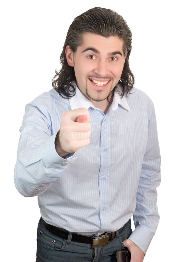 Young smiling man gives the fig isolated